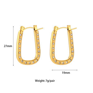 Fashion Minimalist Geometric C-Shaped Zirconia-Set Stainless Steel Earrings with 18K Gold Plating for Women