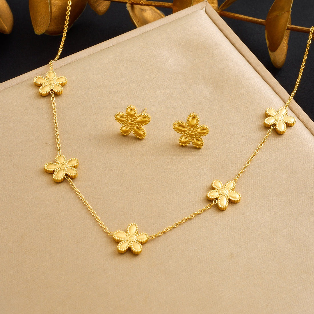 Minimalist Sweet Gold Plated Stainless Steel Floral Pendant Necklace and Earring Set for Women