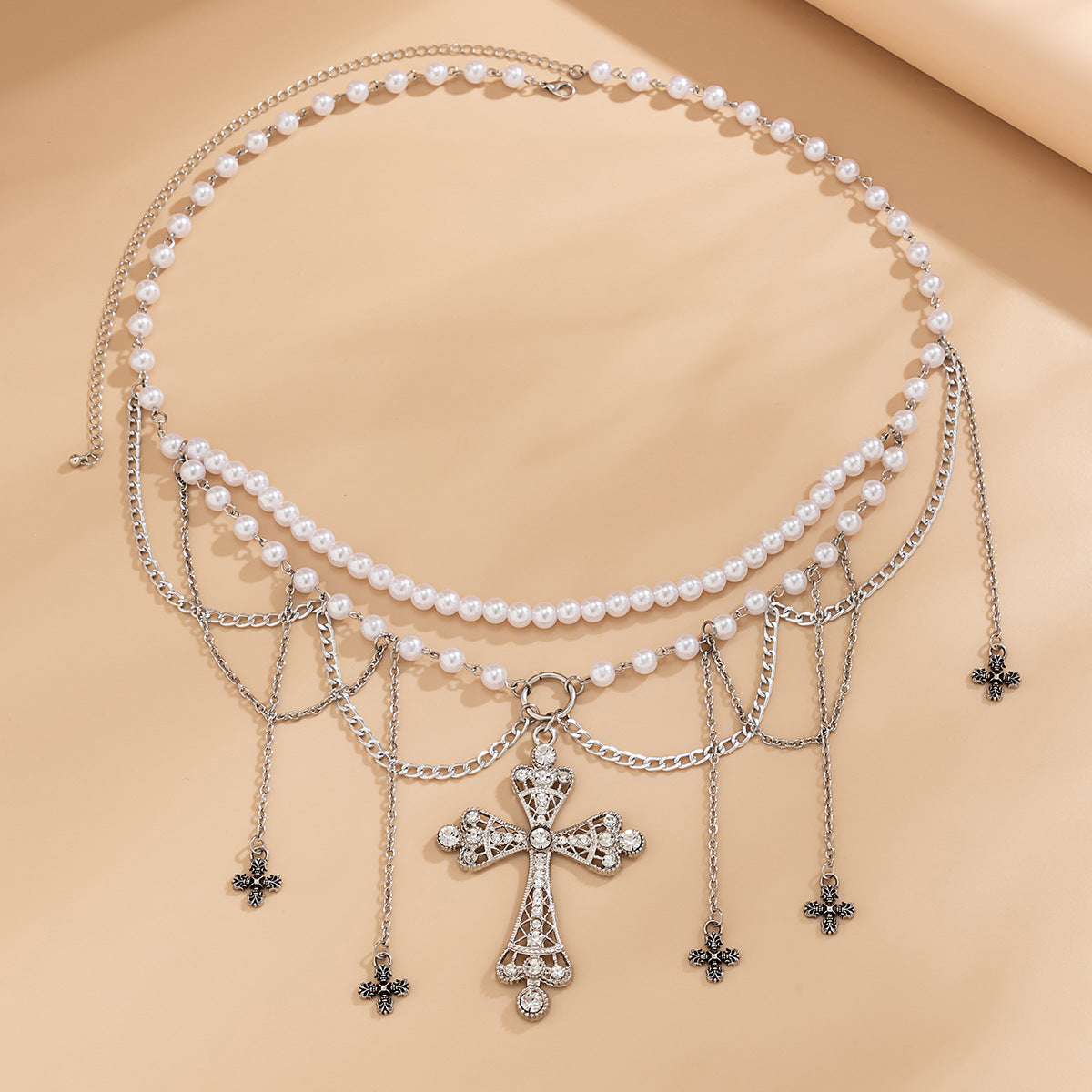 Vintage Cross Faux Pearl Tassel Waist Chain for Women