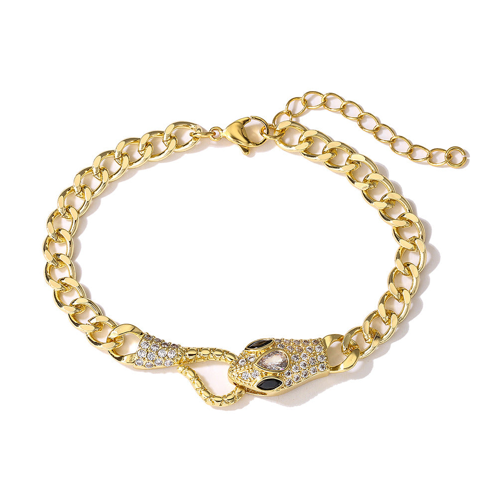 INS Style Geometric Snake Shape Copper Bracelet with 18K Gold Plating and Zircon for Women