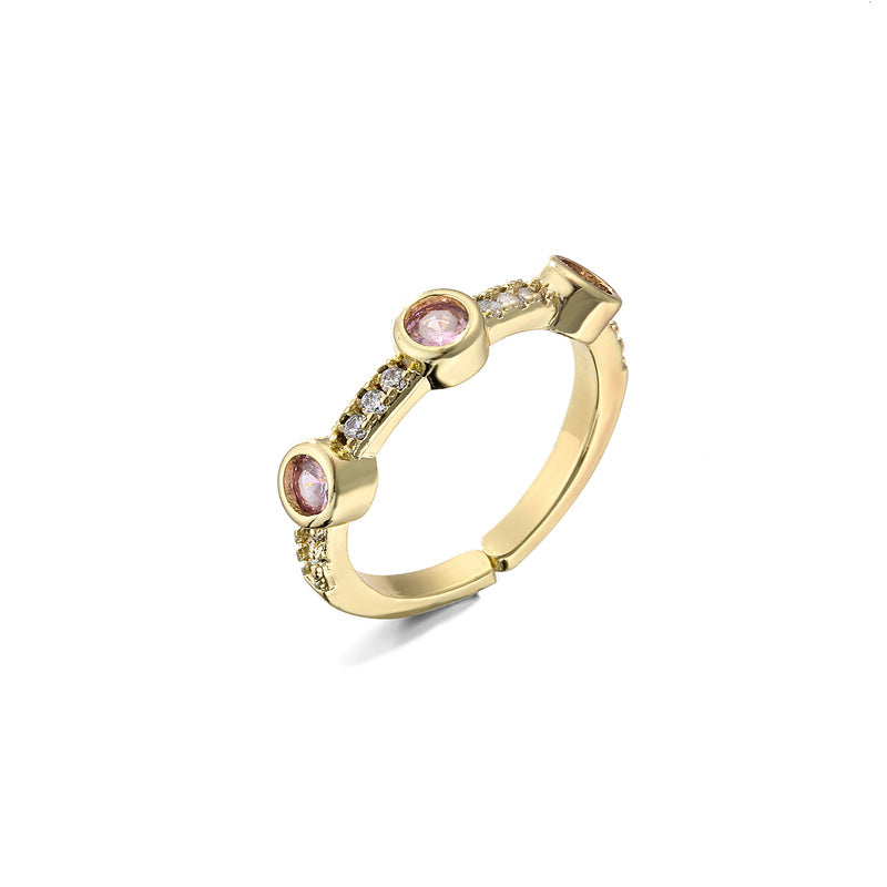 Vintage Geometric Brass Gold Plated Micro-Inlaid Cubic Zirconia Ring for Women