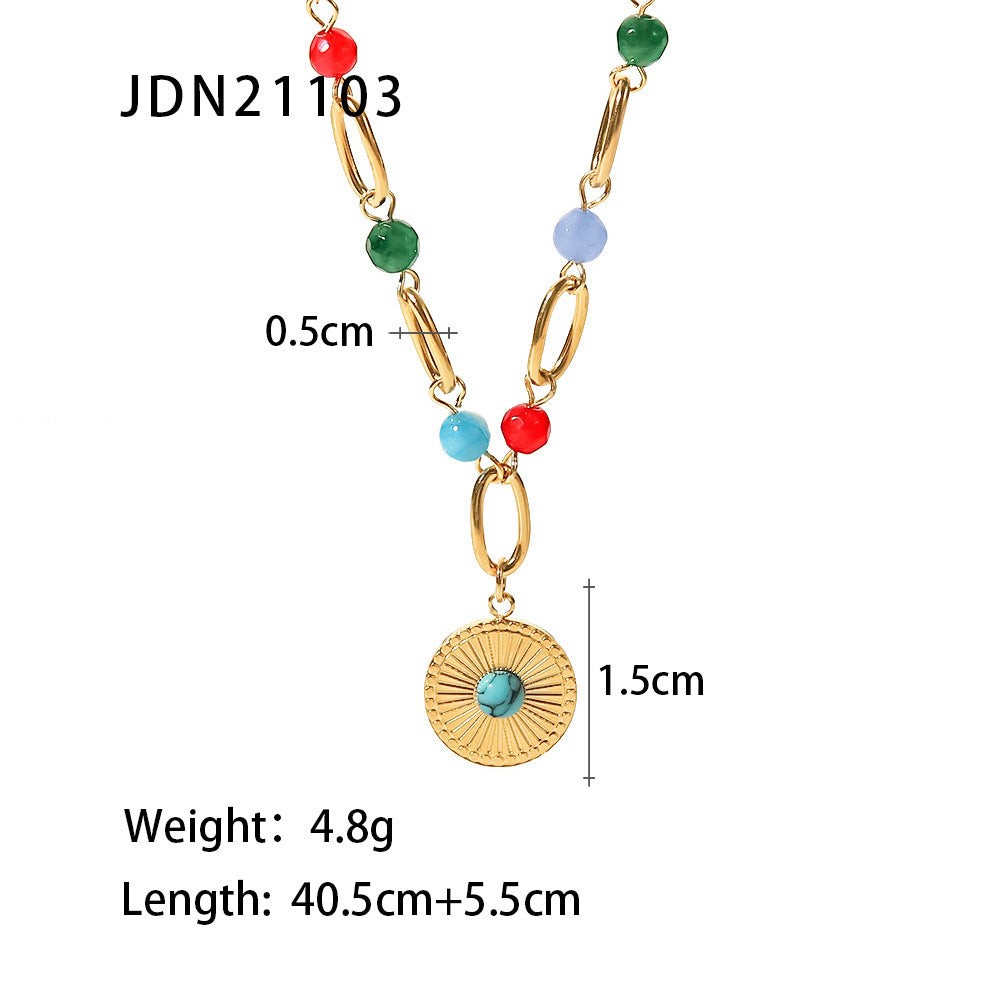 Collar multicapa de moda con cuentas turquesas de acero inoxidable chapado en oro de 18 quilates con diseño geométrico para mujer