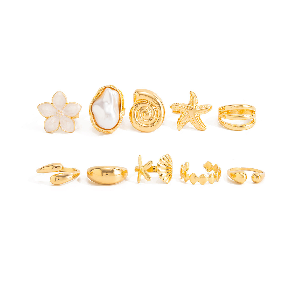 Sweet Floral Starfish Shell Zinc Alloy Plated Drip Oil Faux Pearl Open Ring for Women