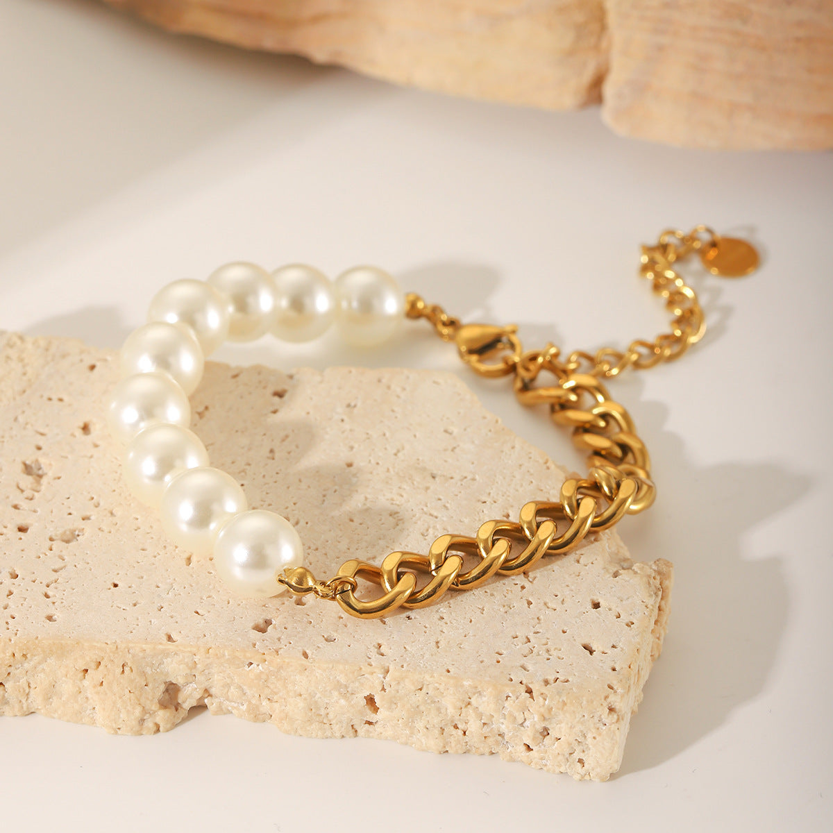 Braccialetto alla moda in acciaio inossidabile placcato oro 18K con perle e maglie cubane, stile geometrico per donna