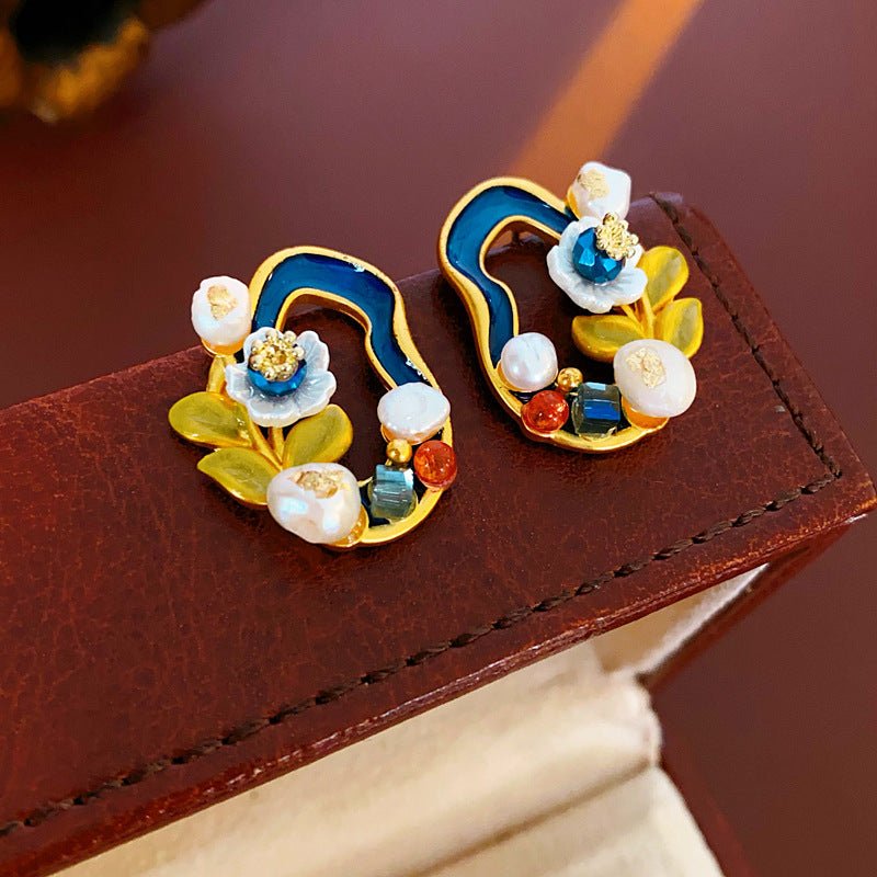 Vintage Floral and Geometric Enamel Earrings for Women with Gold-Plated Brass Base and Stainless Steel Posts