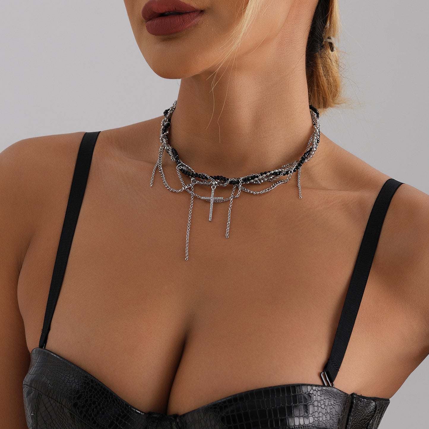 Fashionable Cross Pendant Snake Chain Necklace with Rhinestone Inlay in Alloy with Plating Finish for Women