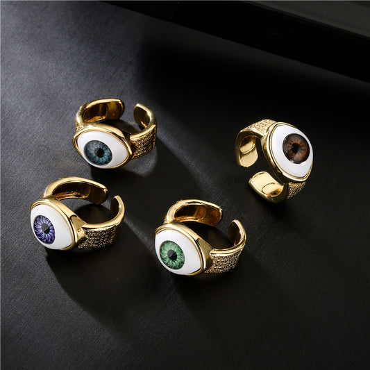 Anillo de cobre con baño de oro de 18 quilates con diseño de ojo turco geométrico para mujer, banda abierta ajustable