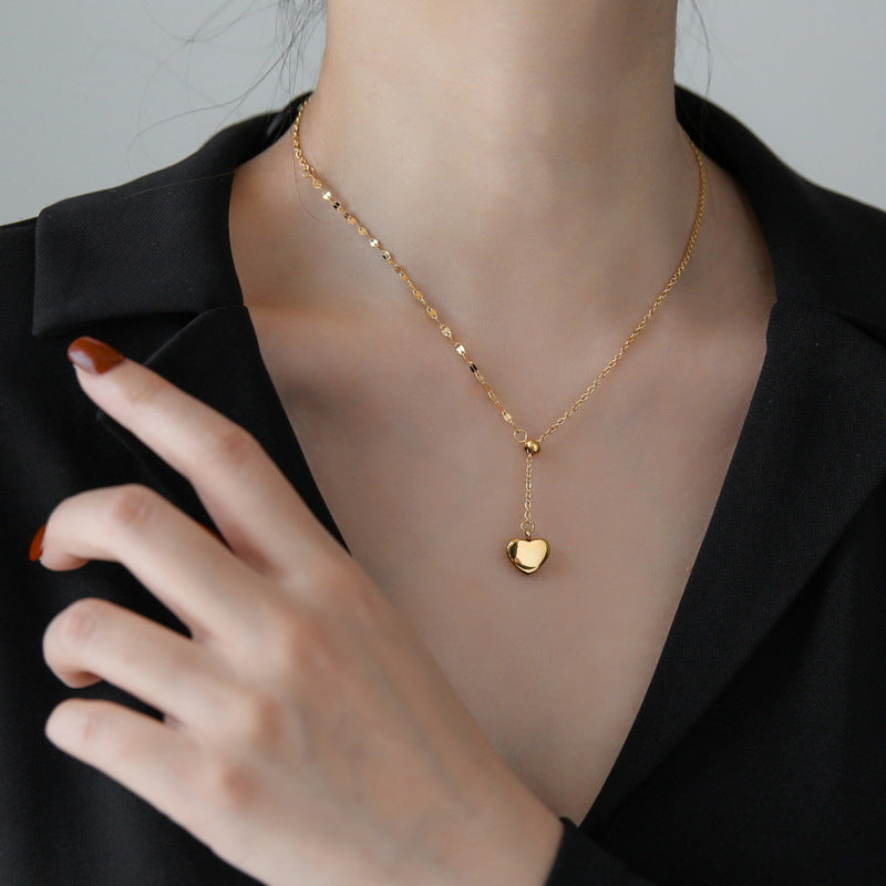 Minimalist Elegant Gold-Tone Titanium Steel Heart Pendant Necklace for Women Adjustable Clavicle Chain