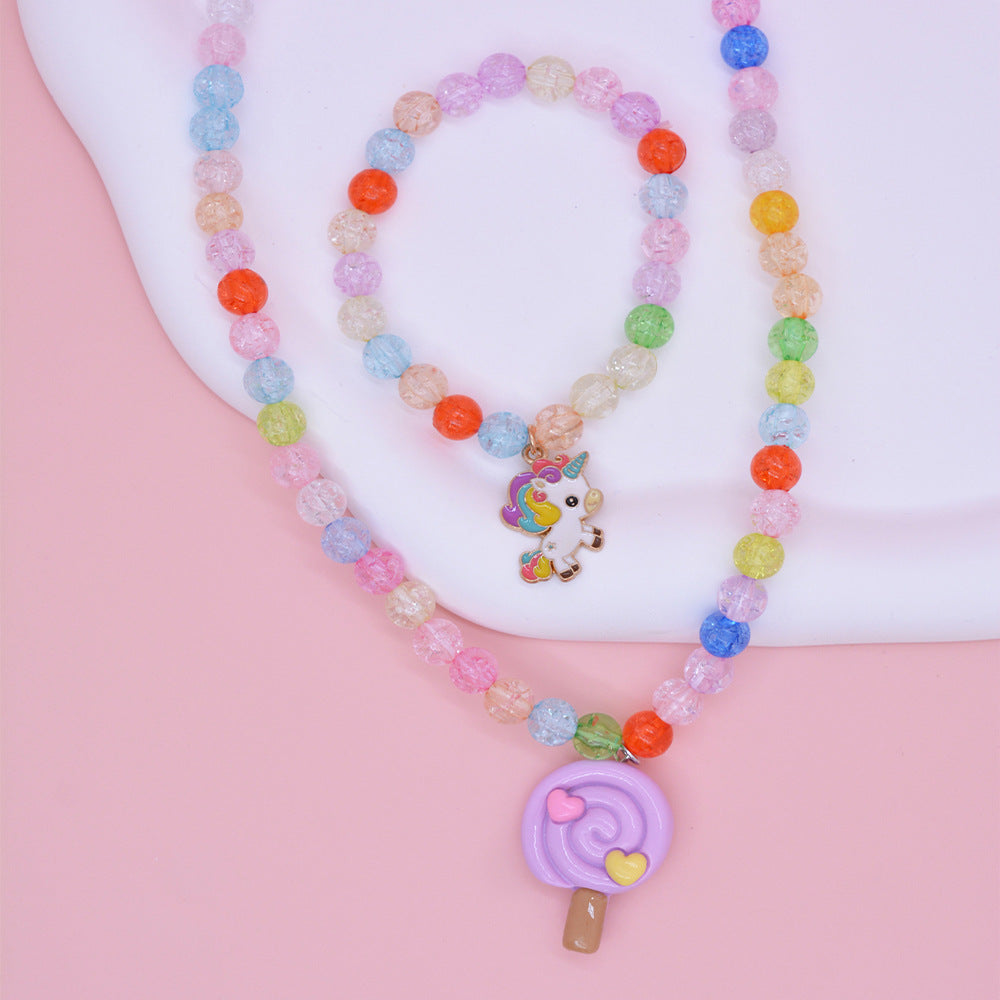 Collana con Pendente Unicorno Cartone Animato per Bambini in Resina con Catena di Perline Rotonde, Set di Gioielli per Bambine in Stile Principessa