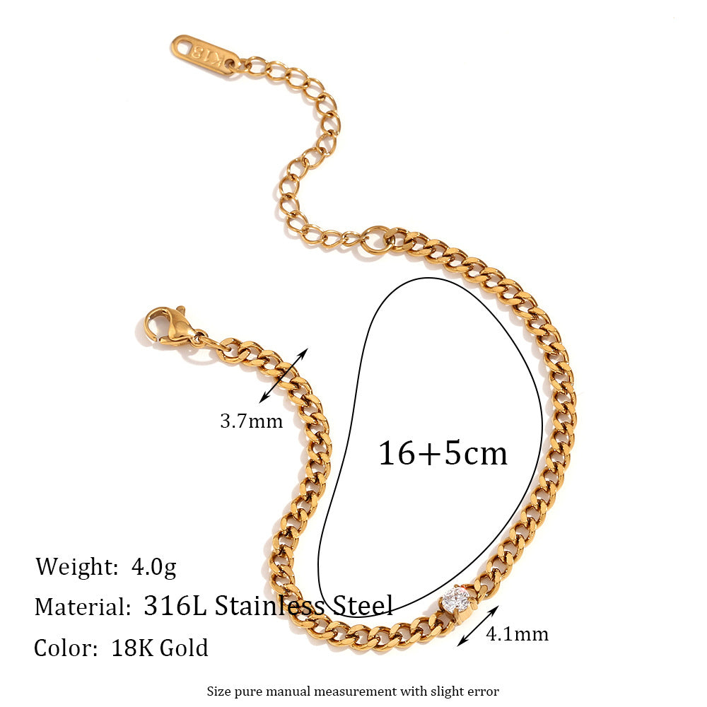 Minimalist Fashionable Women's Stainless Steel Plated 18K Gold Round Zircon Snake Chain Bracelet with Geometric Design