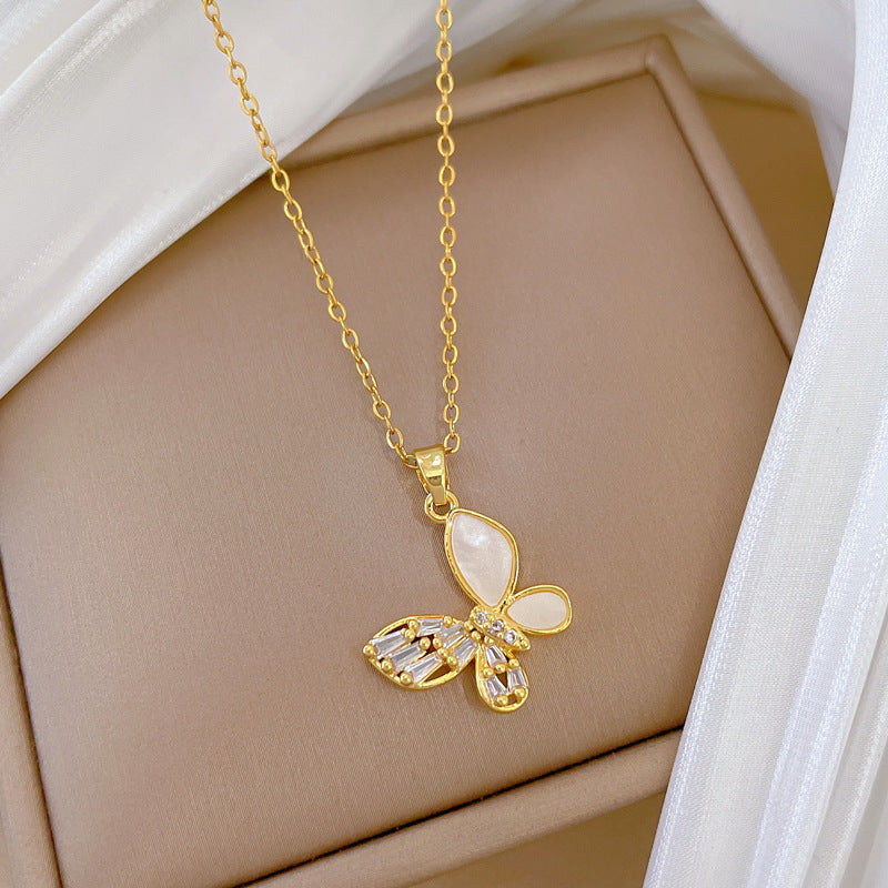 Sweet Minimalist Butterfly Rhinestone Plated Titanium Steel Necklace for Unisex