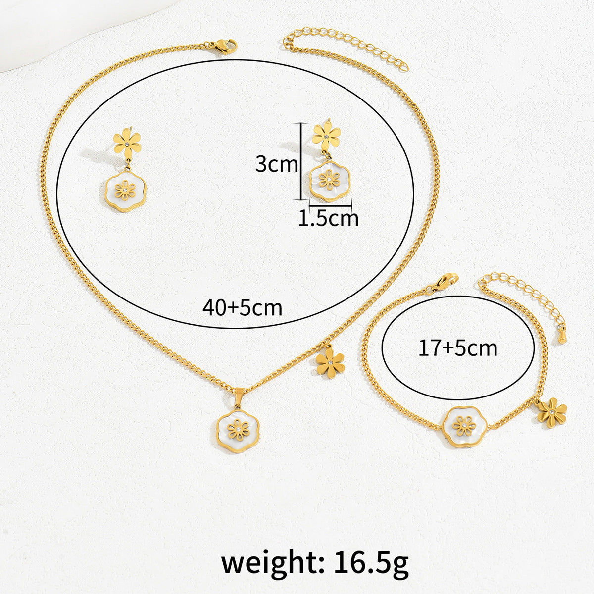 Juego de collar, pendientes y pulsera de cobre estilo floral fresco y dulce con incrustaciones de nácar para mujer