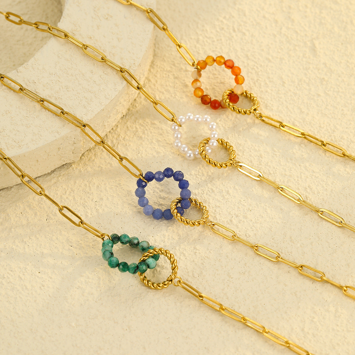 Collar con colgante de aro redondo de acero inoxidable estilo OL a la moda, galvanizado para mujer con incrustaciones de piedra natural