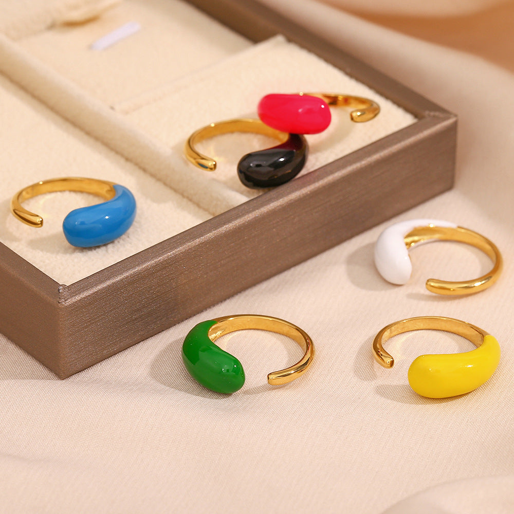 Minimalist Geometric Stainless Steel Adjustable Drip-Painted Drop-Shaped Ring for Women