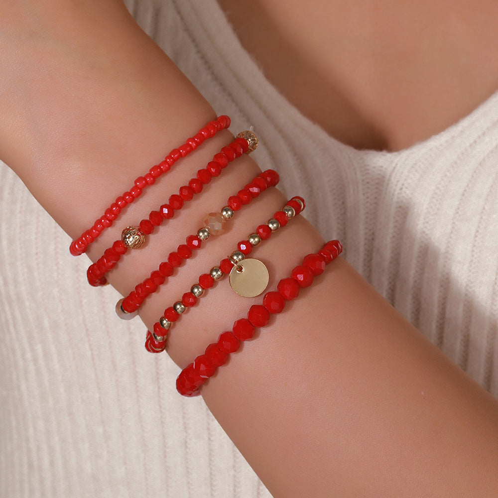 Bohemian Multi-Layer Geometric Round Glass Bead and Crystal Bracelet for Women