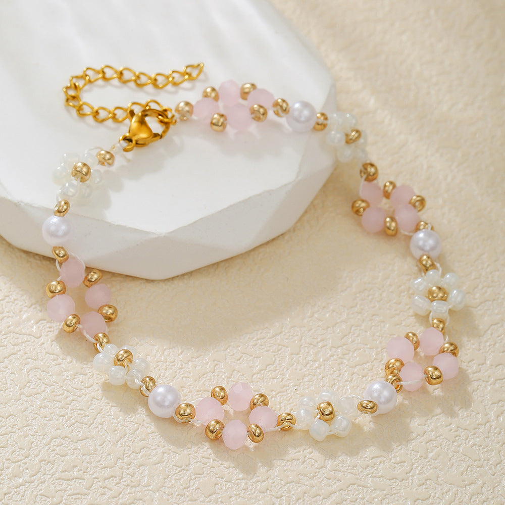 Vintage Handmade Geometric Floral Glass Bead and Pearl Bracelet for Women
