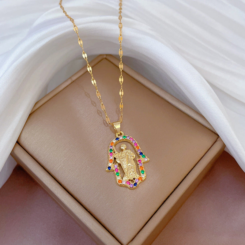 Geometric Pendant Necklace for Women in Stainless Steel with Micro-Pave Rhinestone Accents, Delicate Clavicle Chain