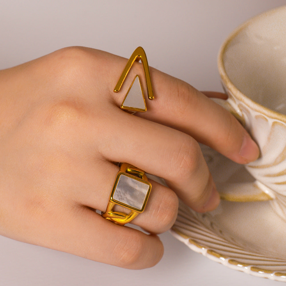 Vintage Minimalist Geometric Stainless Steel Ring with White Natural Shell Inlay and 18K Vacuum Plating