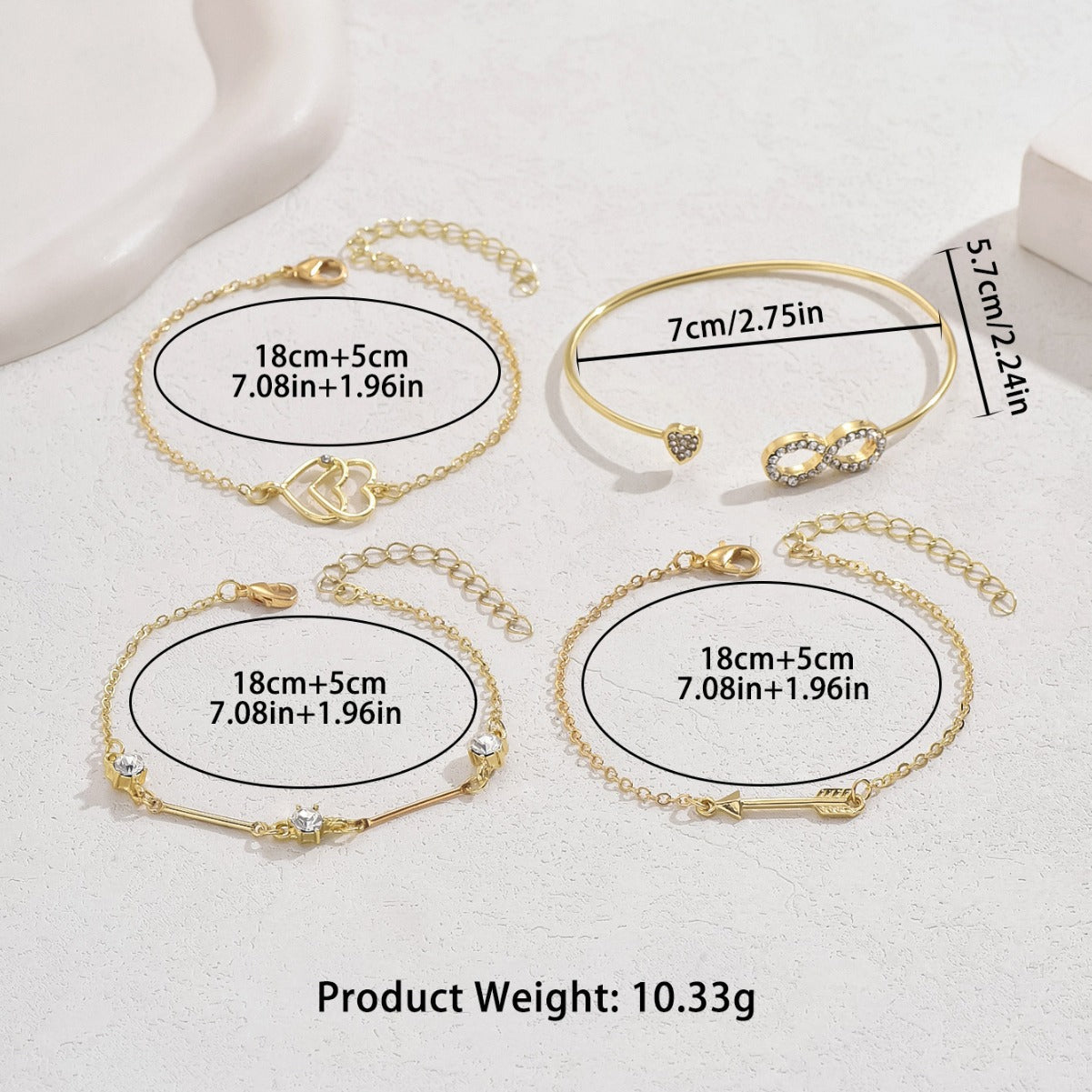 Juego de pulseras minimalistas de aleación con forma de corazón, incrustaciones de diamantes de imitación y diseño asimétrico para mujer