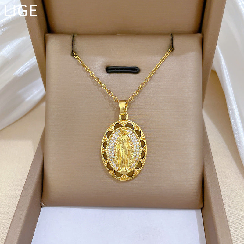 Sweet Minimalist Oval Geometric Hollow Portrait Rhinestone Pendant Titanium Steel Necklace for Unisex