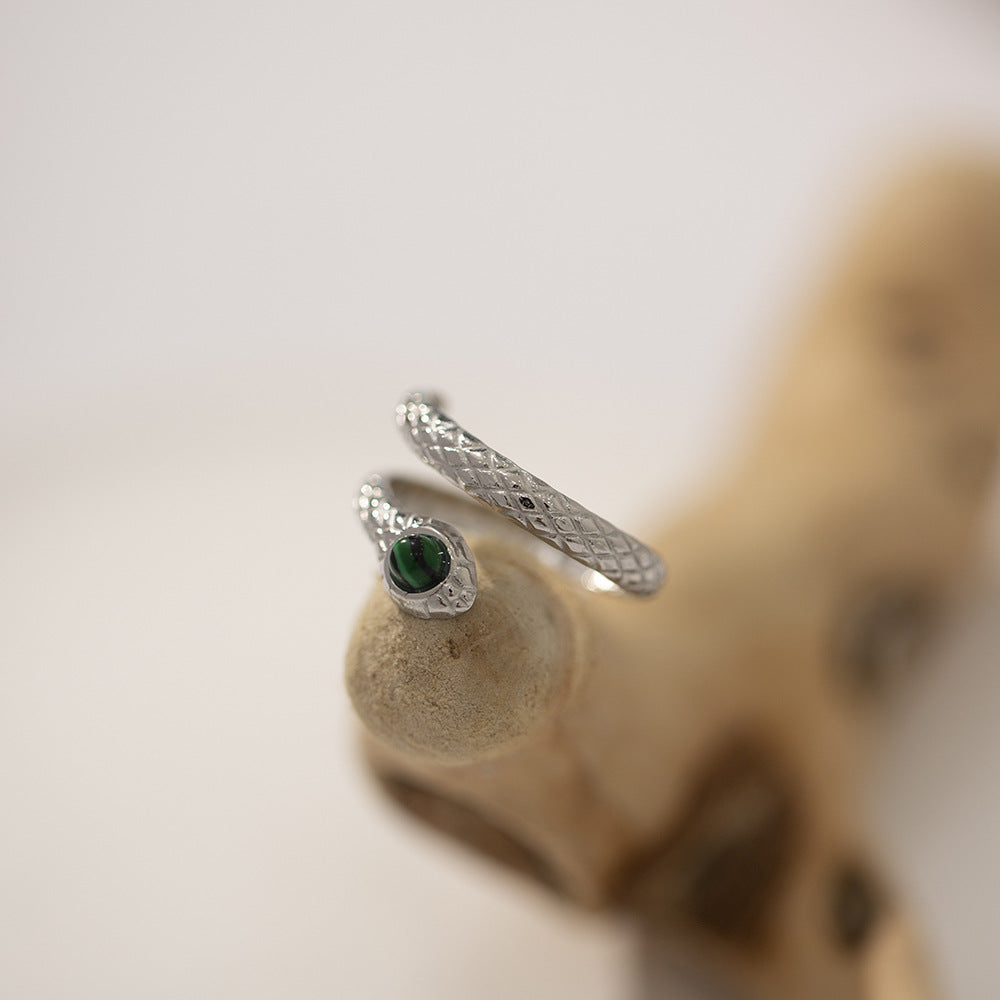 Trendy 18K Gold Plated Stainless Steel Snake Open Ring with Malachite Charm for Women