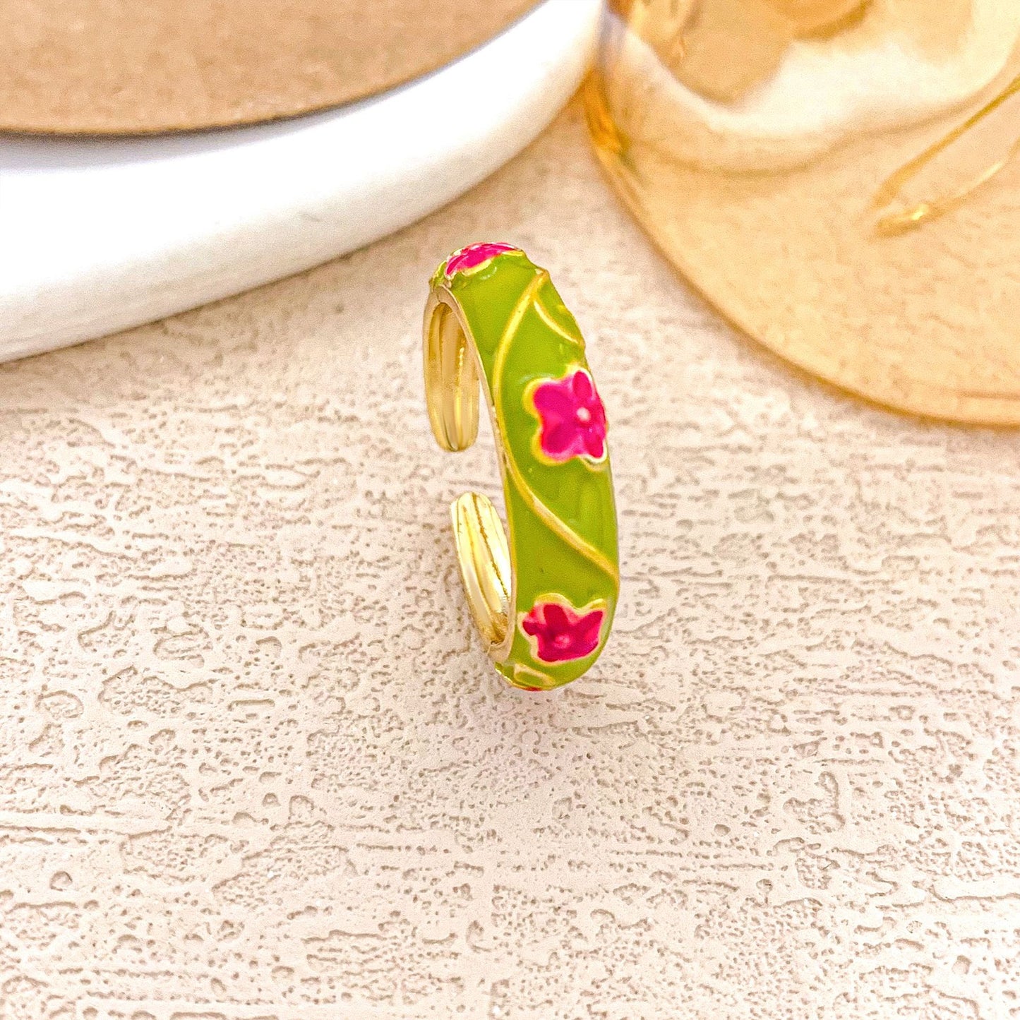 Sweet Floral Enamel Plated Alloy Ring for Women