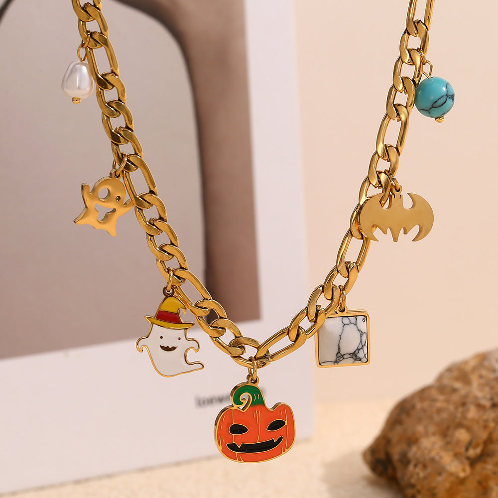 Cartoon Pumpkin Skull Pendant Necklace for Women Stainless Steel with 18K Gold Plating Halloween Themed Fashion Accessory