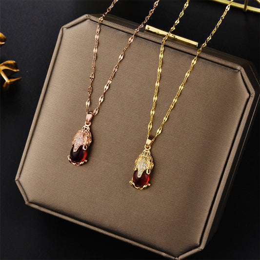 Red Lucky Pixiu Pendant Necklace for Women in Titanium Steel with 18K Gold Plating on Wavy Chain