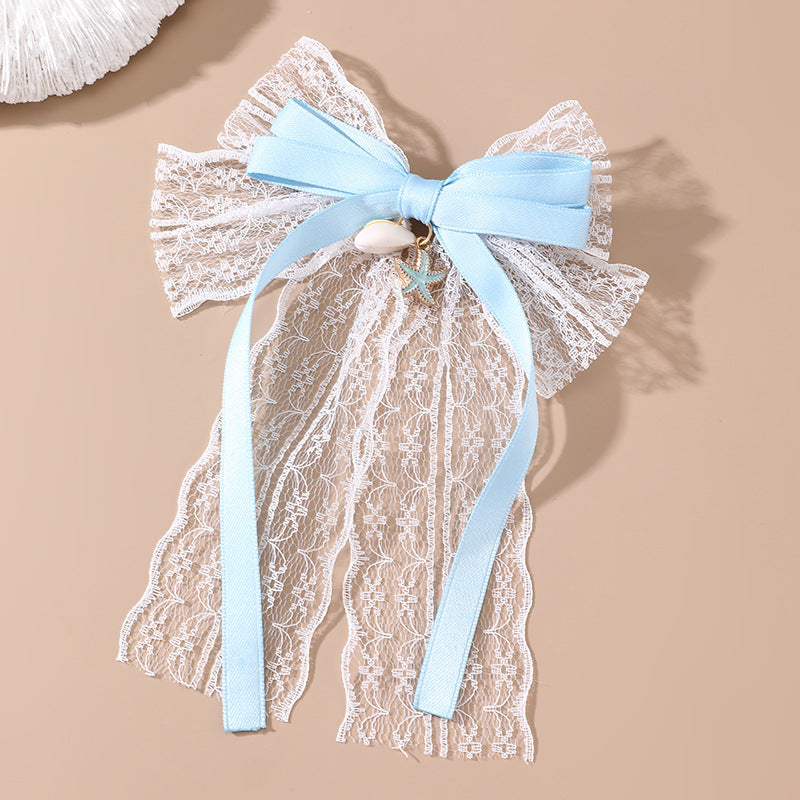Natural Style Bow-Shaped Hair Clip with Flowing Tassels and Sheer Mesh for Girls, Plastic Resin Duckbill Hairpin