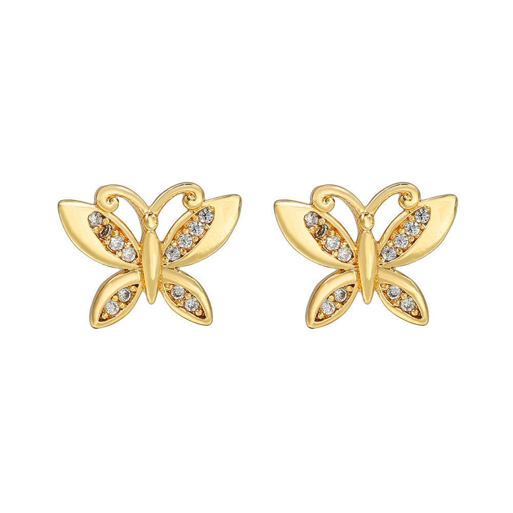 Minimalist 18K Gold Plated Brass Butterfly Stud Earrings with Cubic Zirconia