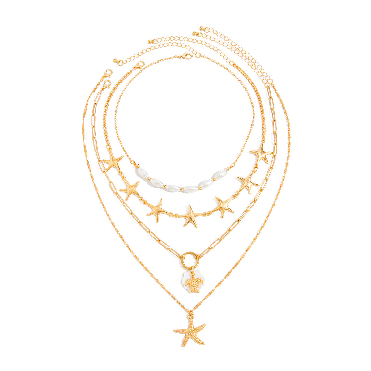 Bohemian Multi-Layer Starfish Turtle Pearl Pendant Necklace Plated Iron Choker for Women