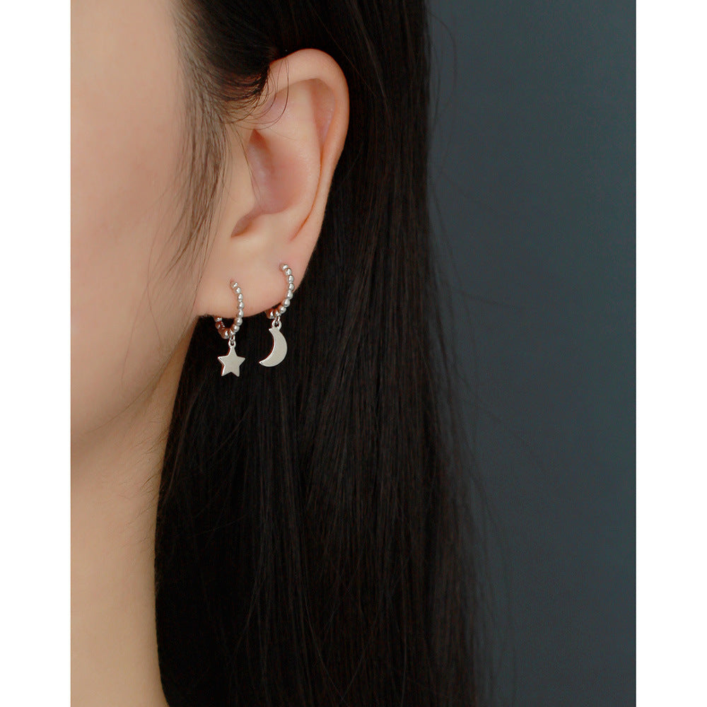 Minimalist Sweet 925 Sterling Silver Polished Moon Round Hoop Earrings