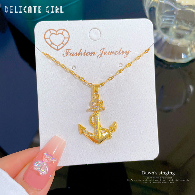 Luxury Fresh and Sweet Anchor Pendant Collar Chain in Titanium Steel with Rhinestone Inlay