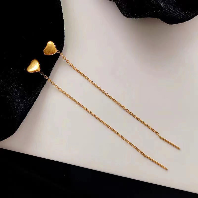 Sweet Gold Filled Titanium Steel Heart Teardrop Tassel Drop Earrings