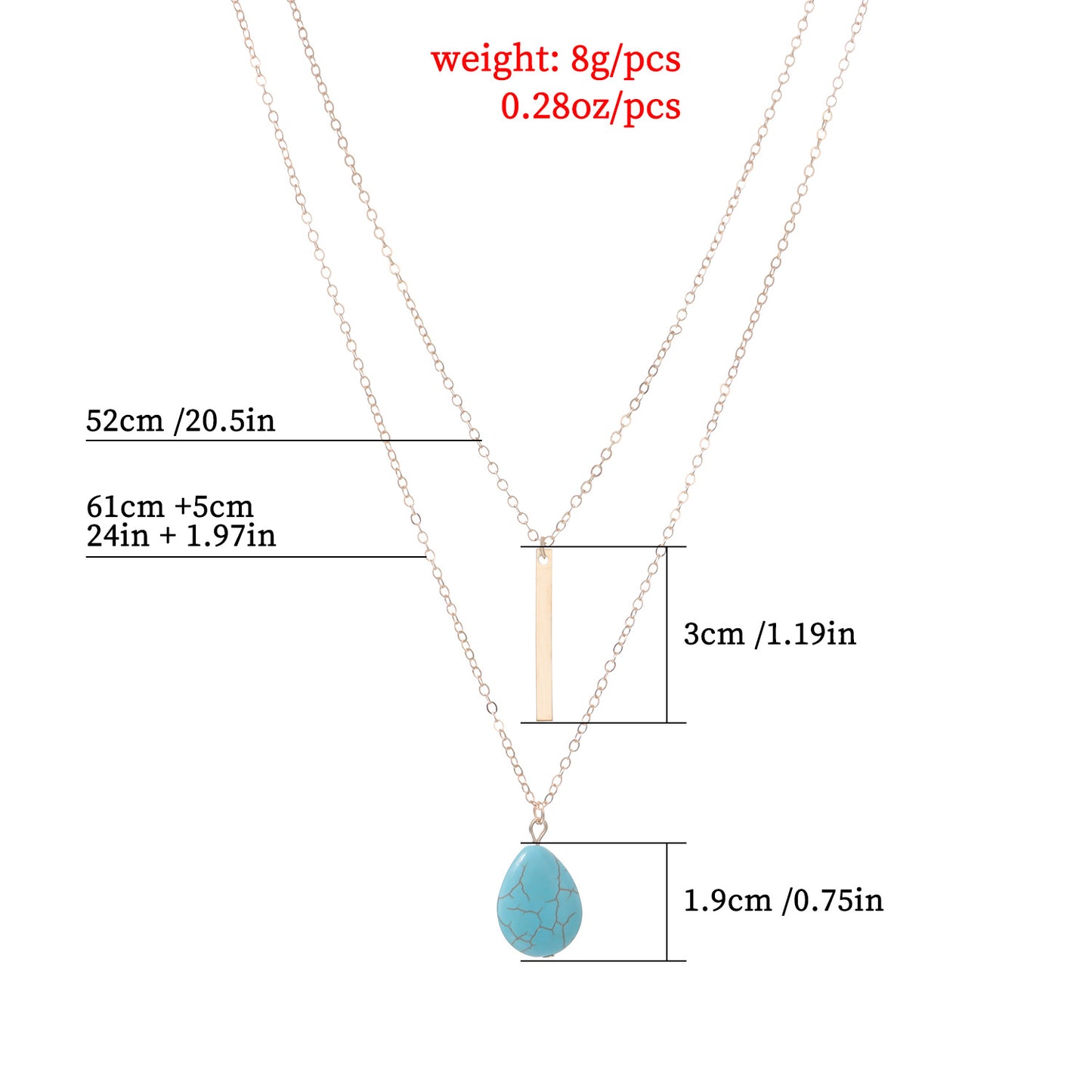 Minimalist Teardrop Turquoise Pendant Necklace with Multi-Layer Metal Chain for Women