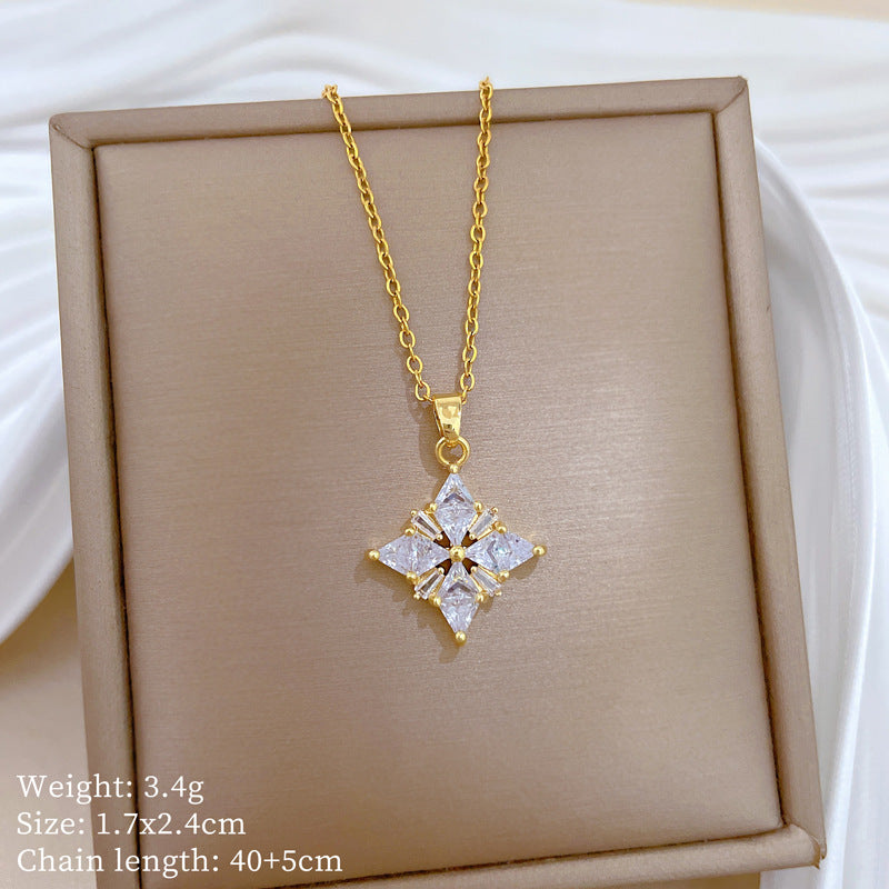 Sweet Minimalist Geometric Rhinestone Clover Pendant Titanium Steel Necklace for Unisex