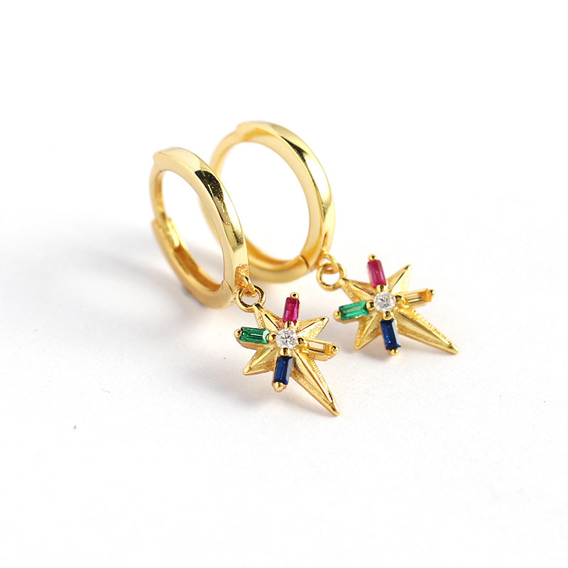 Minimalist 925 Sterling Silver Star Inlaid Rhinestone Hoop Earrings