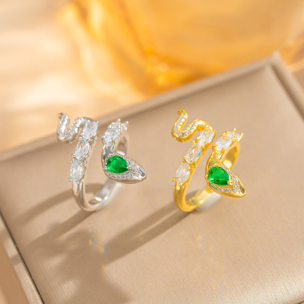 Luxury Minimalist Snake-Shaped Opening Ring in Gold-Plated Copper with Zircon and Emerald Accents for Women