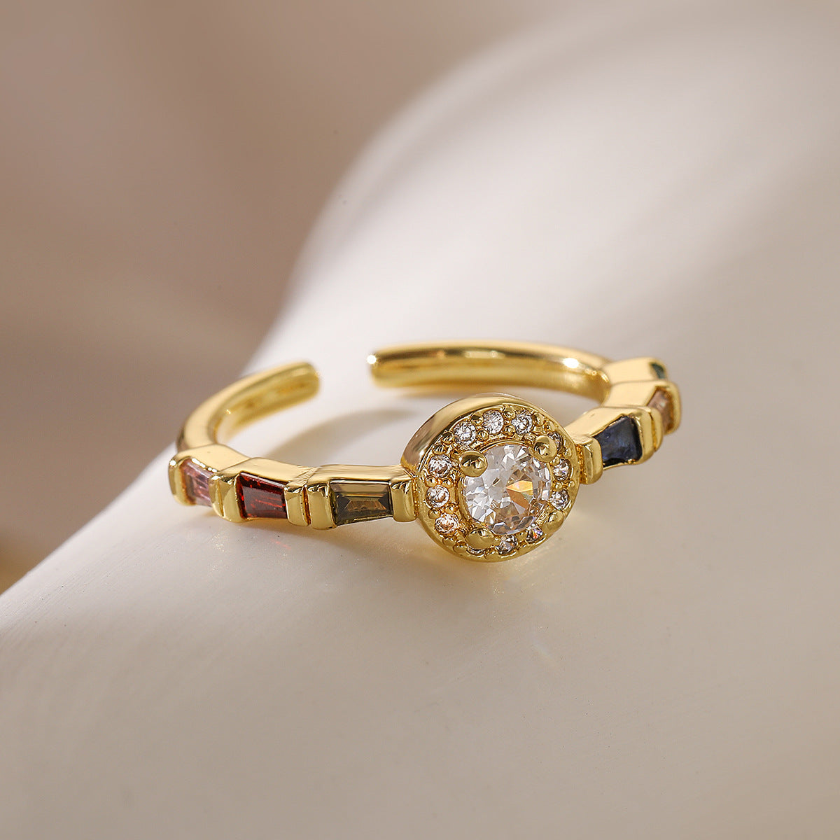 Minimalist Geometric Open Ring for Women Made of Brass with Real Gold Plating and Zircon Inlay