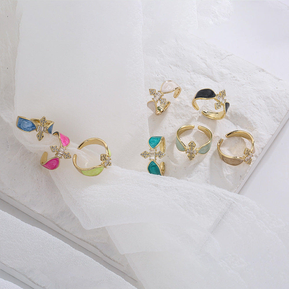 INS Style Geometric Open Ring for Women Made of Copper with 18K Gold Plating Micro-Pave Zirconia and Enamel Finish