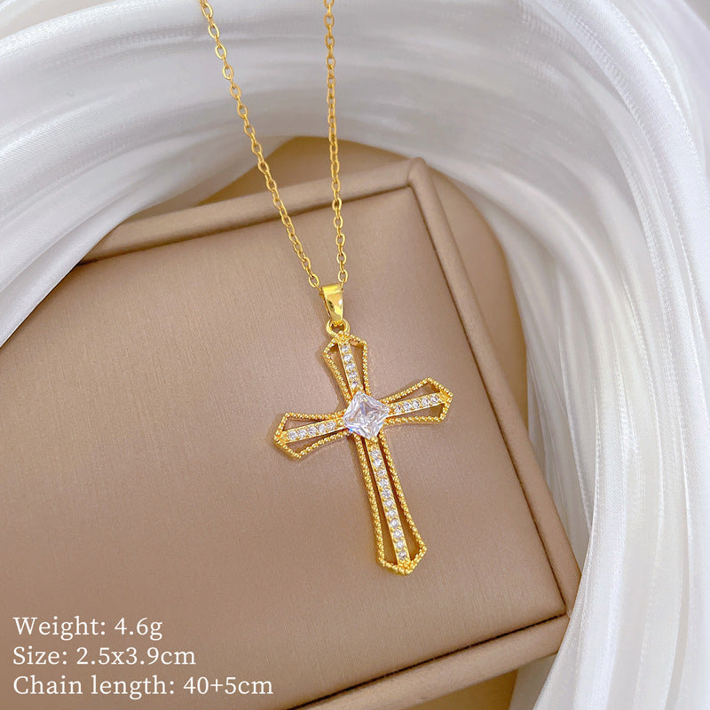 Sweet Minimalist Hollow Cross Rhinestone Titanium Steel Necklace for Unisex
