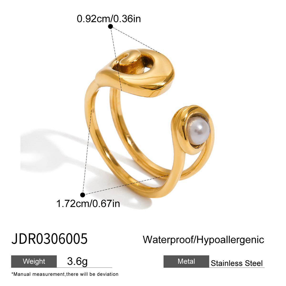 Anello da donna in acciaio inossidabile placcato oro 18 carati con perle di vetro a forma di graffetta geometrica alla moda
