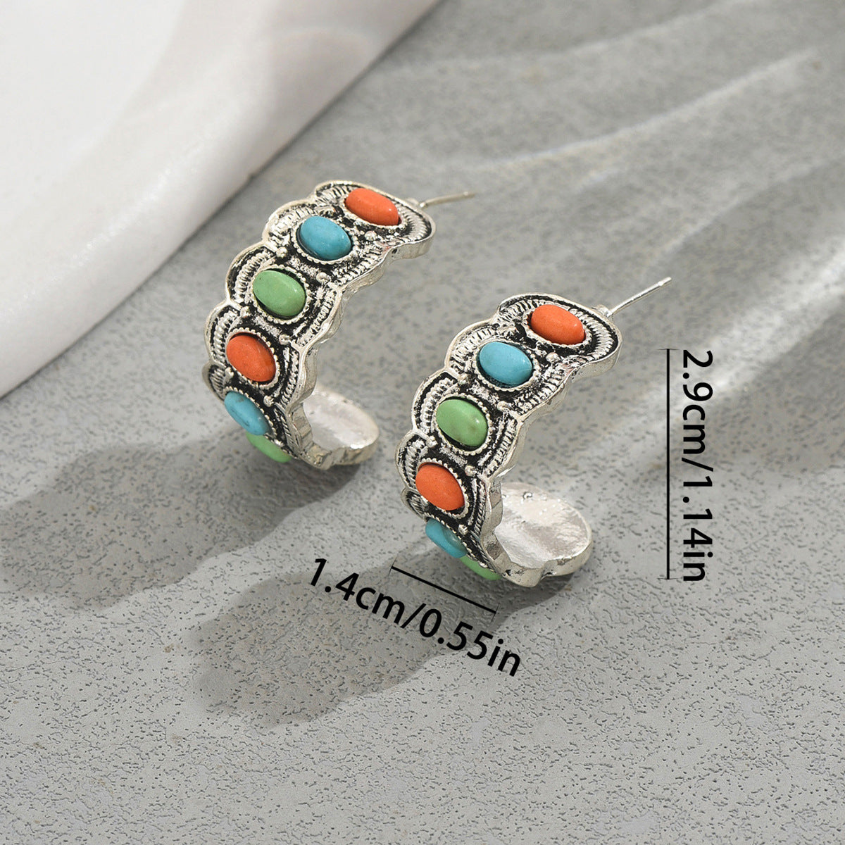 Aretes retro geométricos en forma de C para mujer con base de aleación de zinc e incrustaciones de piedra natural