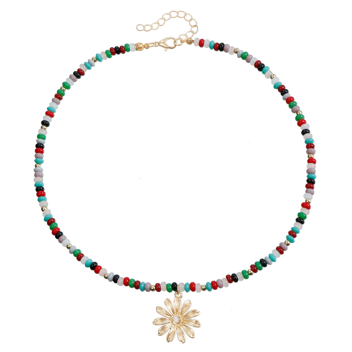 Collar artesanal bohemio floral para mujer con colgante de aleación y acabado chapado, cuentas coloridas y estilo cadena de clavícula
