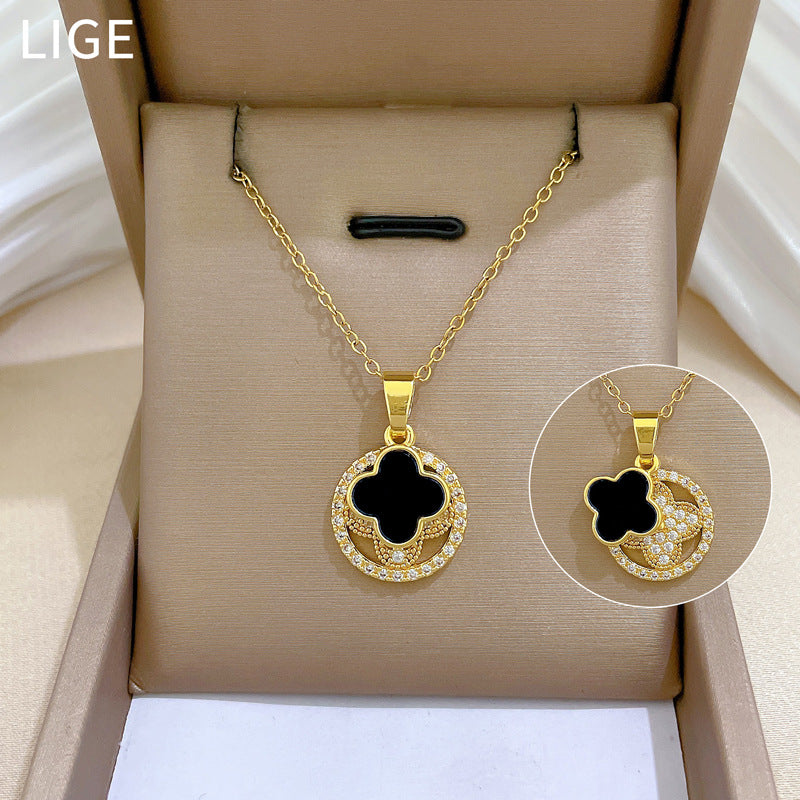 Collar de trébol de la suerte para mujer, de acero inoxidable con incrustaciones de diamantes de imitación, estilo dulce y fresco, cadena para la clavícula