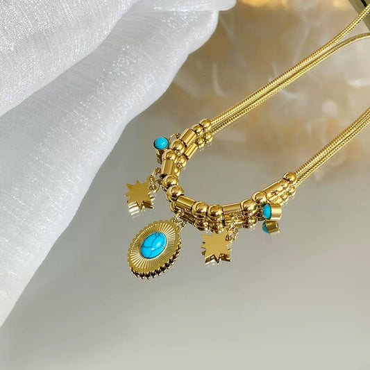 Minimalist Oval Star Turquoise Inlay Titanium Steel Necklace for Women