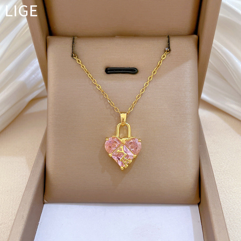 Sweet Pink Heart Rhinestone Titanium Steel Necklace Unisex Cable Chain
