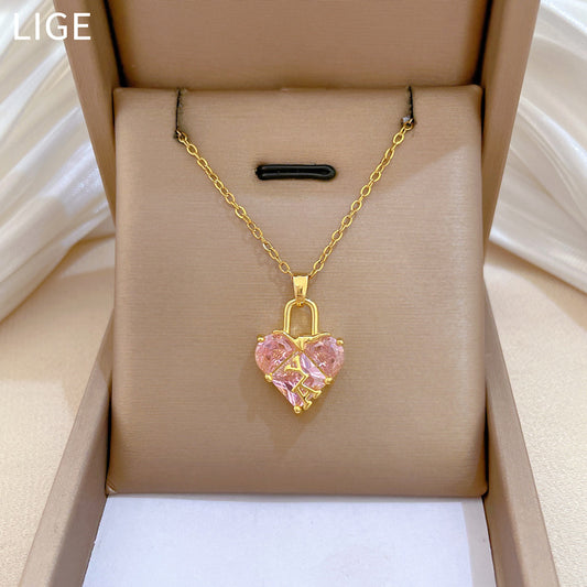 Sweet Pink Heart Rhinestone Titanium Steel Necklace Unisex Cable Chain