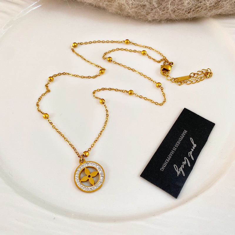 Gold Plated Titanium Steel Micro-Pave Diamond Hollow Round Geometric Necklace and Earring Set