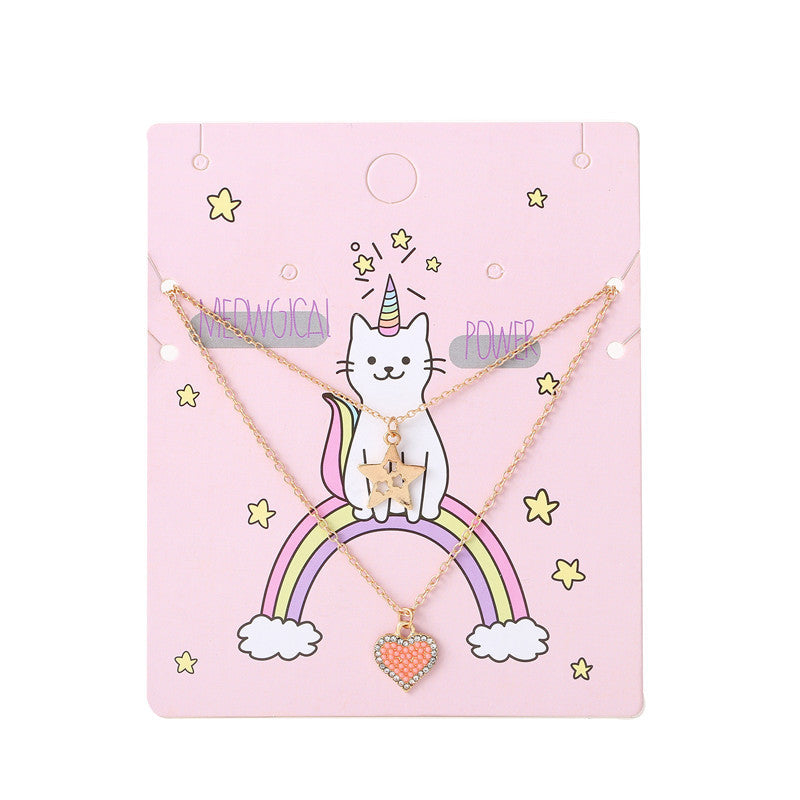 Elegante collana a forma di cuore e stella in lega per bambini con finitura smaltata e design a catena incrociata multistrato